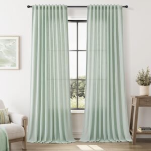 Nanspring Aqua Green Linen Curtains 96 Inches Long for Living Room 2 Panels Back Tab Hook Belt Modern Farmhouse Soft Linen Textured Draperies Privacy Sheer Curtains for Bedroom Dining Room 52x96