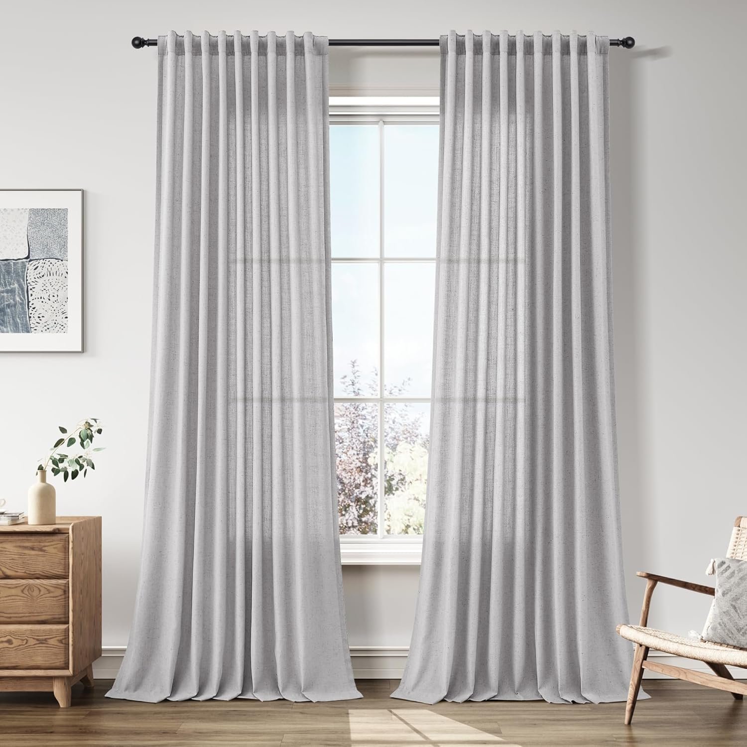 Nanspring Natural Gery Linen Curtains 96 Inches Long for Living Room 2 Panels Back Tab Hook Belt Elegant Modern Farmhouse Soft Linen Draperies Privacy Sheer Curtains for Bedroom Dining Room 52x96