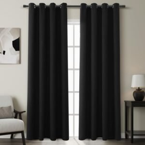 Grommet Black Blackout Linen Curtains 84 inches Long for Bedroom Full Light Blocking Thermal Insulated Black Out Curtain Panels 84 inch Length Energy Saving Room Darkening Curtain White Backing 52x84