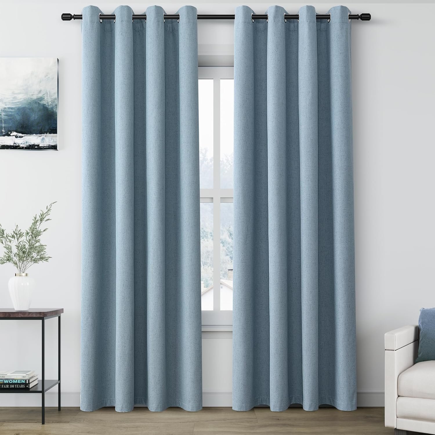 Grommet Blue Blackout Linen Curtains 84 inches Long for Bedroom Full Light Blocking Thermal Insulated Black Out Curtain Panels 84 Inch Length Energy Saving Room Darkening Curtain White Backing 52x84