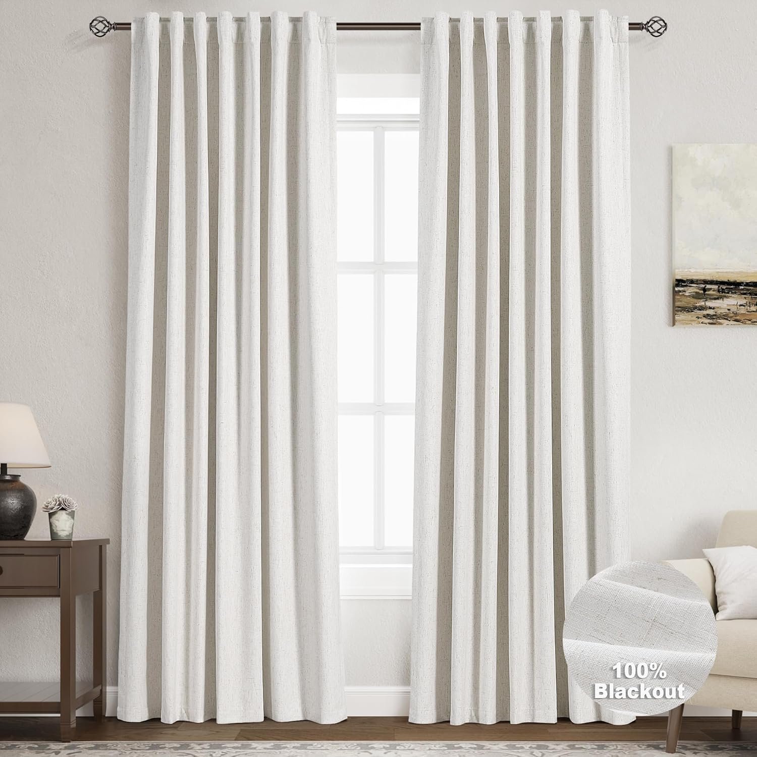 Cream Linen Blackout Curtains 84 inch Length 2 Panels Set for Bedroom Thermal Insulated 100% Blackout Linen Drapes Back Tab Neutral Rustic Farmhouse Block Out Room Darkening Window Curtains Ivory