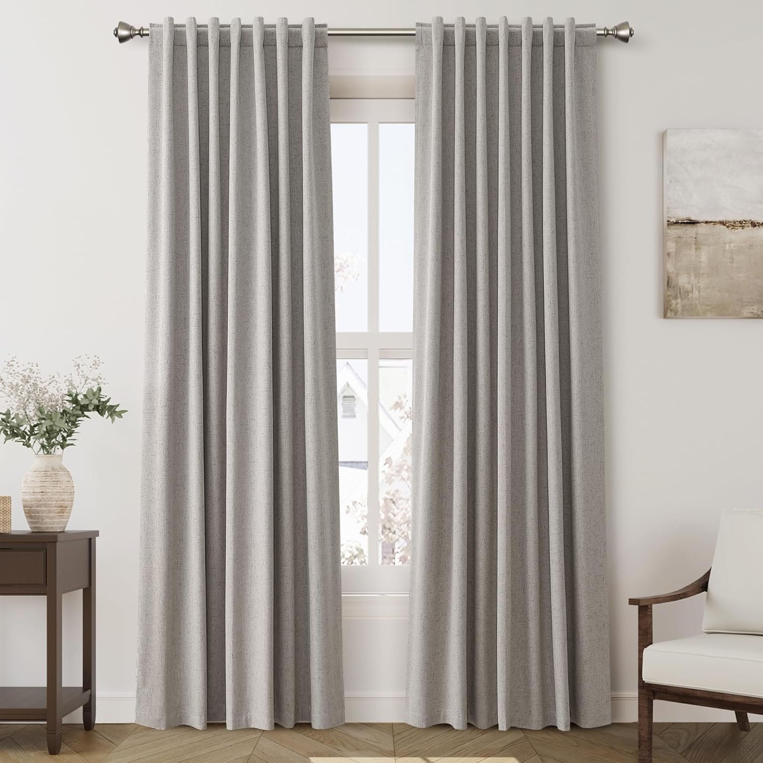 Silver Linen Blackout Curtains for Bedroom Windows Farmhousse Back Tab Rod Pocket Thermal Insulated Curtains 84 Inch Length 2 Panels Set Full Black Out Room Darkening Drapes for Living Room 52X84 - Image 2