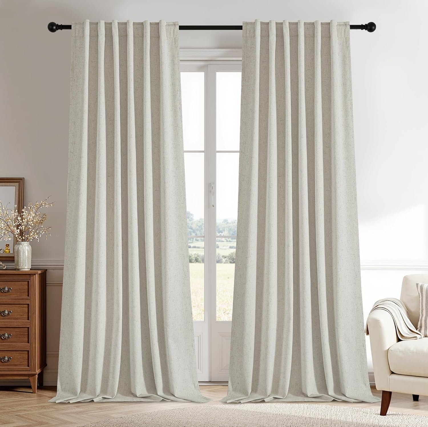 100% Blackout Linen Curtains for Bedroom, Thermal Insulated Farmhouse Window Drapes Light Blocking Privacy Home Decor Panels with Back Tab, Heather Natural, W52 x L84, 2 Panels