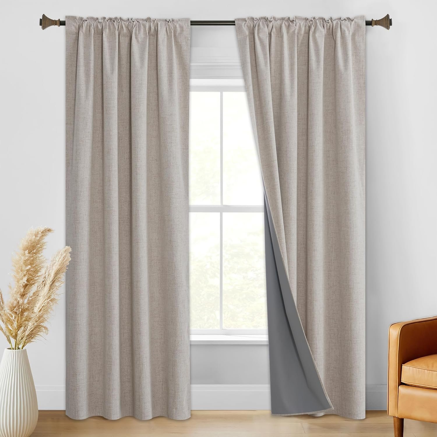 100% Blackout Curtains for Bedroom, Natural Linen Beige Curtains 84 inches Long Solid Thermal Insulated Farmhouse Drapes for Living Room Sliding Glass Door Nursery, W52xL84, 2 Panels