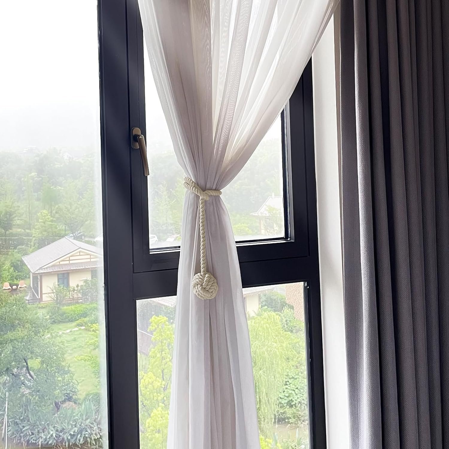 Curtain Tiebacks, 2 Packs Curtain Rope Tieback, Heavy Duty Curtain Tie Backs for Curtains, Indoor Outdoor Curtain Tiebacks, Handmade Rural Decorative Tie Knot Curtain Holdbacks (Beige)