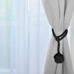 Curtain Tiebacks, 2 Packs Curtain Rope Tieback, Heavy Duty Curtain Tie Backs for Curtains, Indoor Outdoor Curtain Tiebacks, Handmade Rural Decorative Tie Knot Curtain Holdbacks (Black)