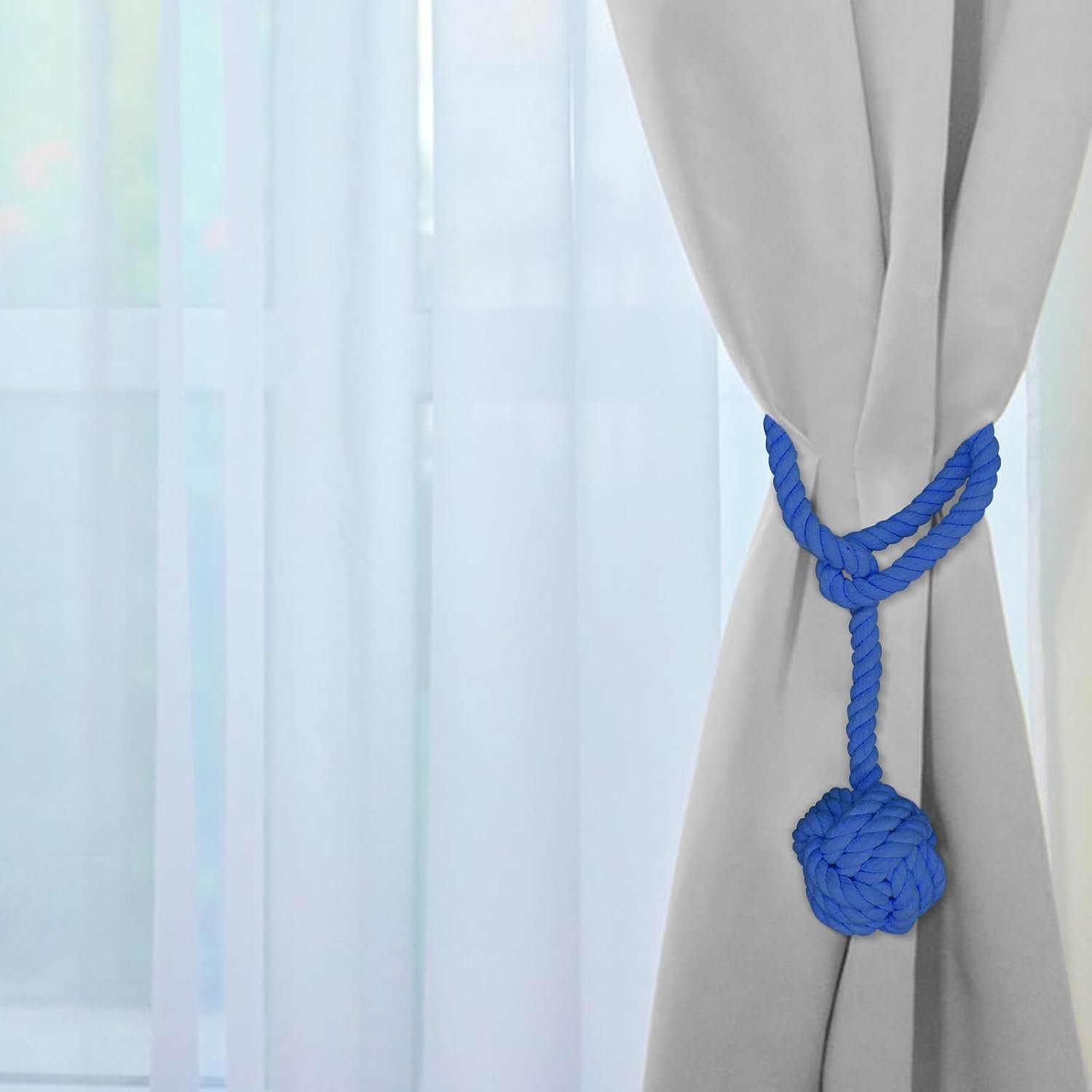Curtain Tiebacks, 2 Packs Curtain Rope Tieback, Heavy Duty Curtain Tie Backs for Curtains, Indoor Outdoor Curtain Tiebacks, Handmade Rural Decorative Tie Knot Curtain Holdbacks (Blue)