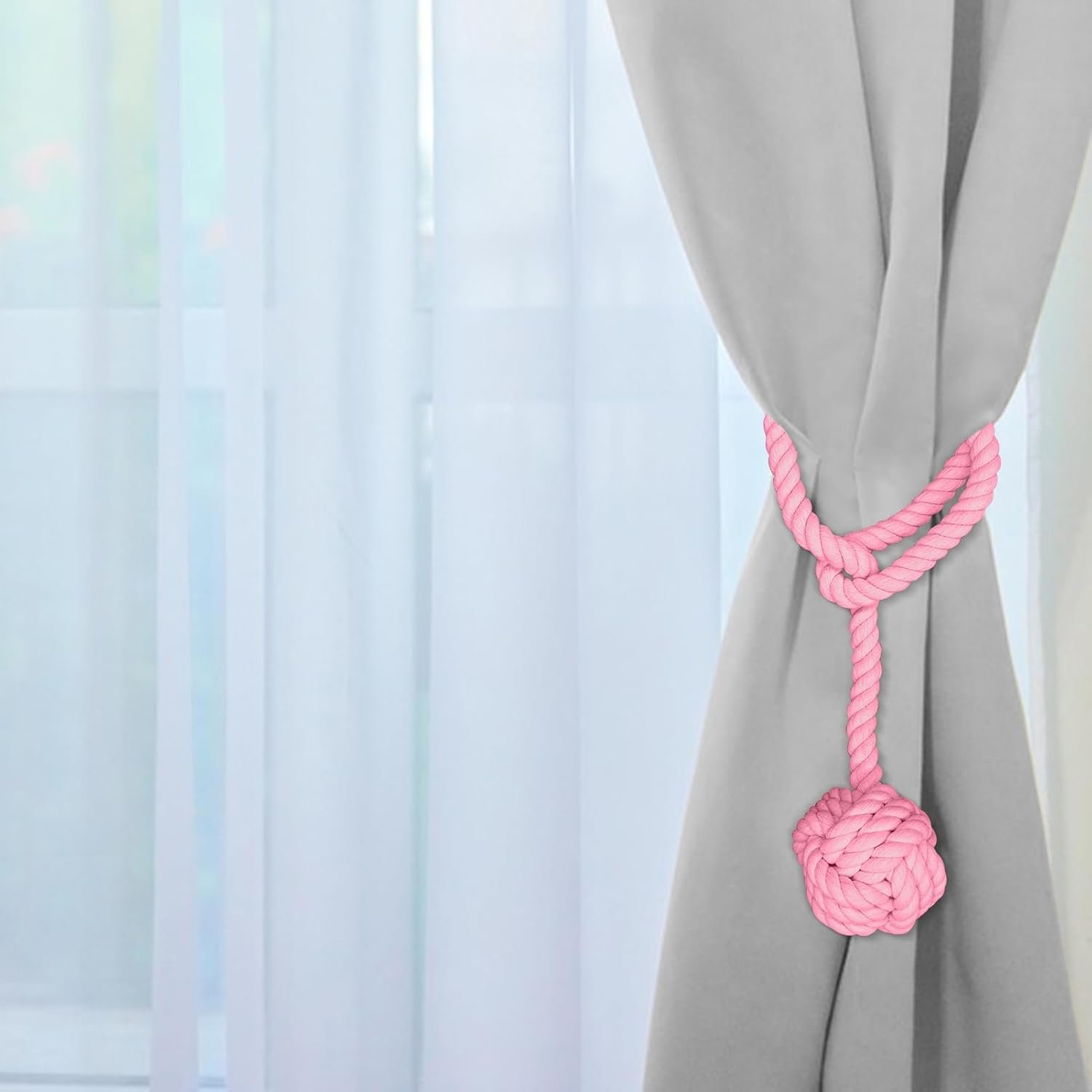 Curtain Tiebacks, 2 Packs Curtain Rope Tieback, Heavy Duty Curtain Tie Backs for Curtains, Indoor Outdoor Curtain Tiebacks, Handmade Rural Decorative Tie Knot Curtain Holdbacks (Pink)