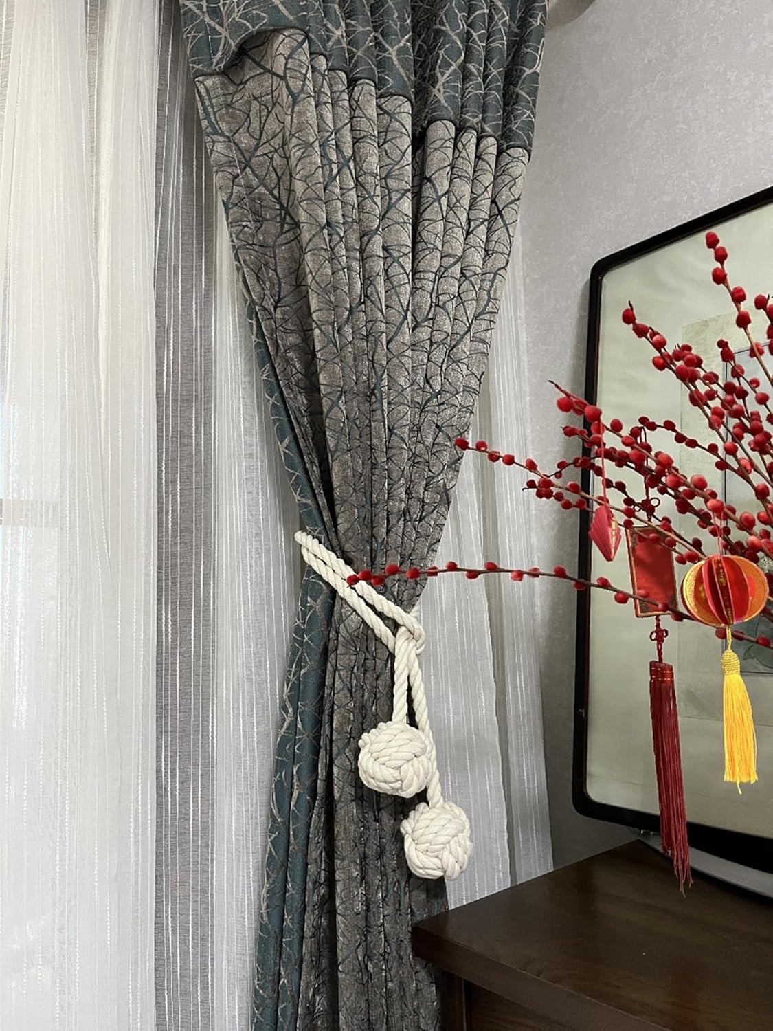 Curtain Tiebacks, 2 Packs Curtain Rope Tieback, Heavy Duty Curtain Tie Backs for Curtains, Indoor Outdoor Curtain Tiebacks, Handmade Rural Decorative Tie Knot Curtain Holdbacks (White)