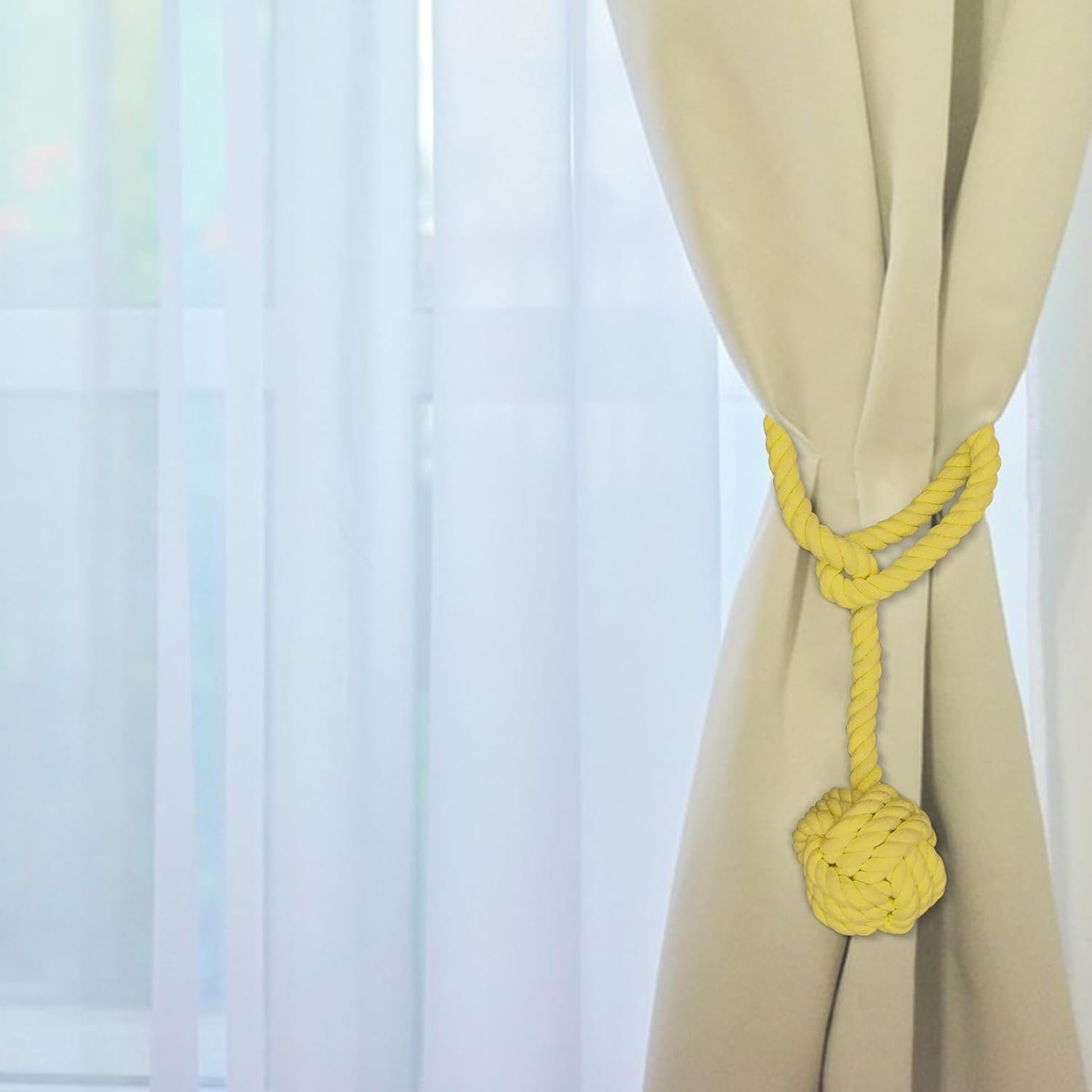Curtain Tiebacks, 2 Packs Curtain Rope Tieback, Heavy Duty Curtain Tie Backs for Curtains, Indoor Outdoor Curtain Tiebacks, Handmade Rural Decorative Tie Knot Curtain Holdbacks (Yellow)