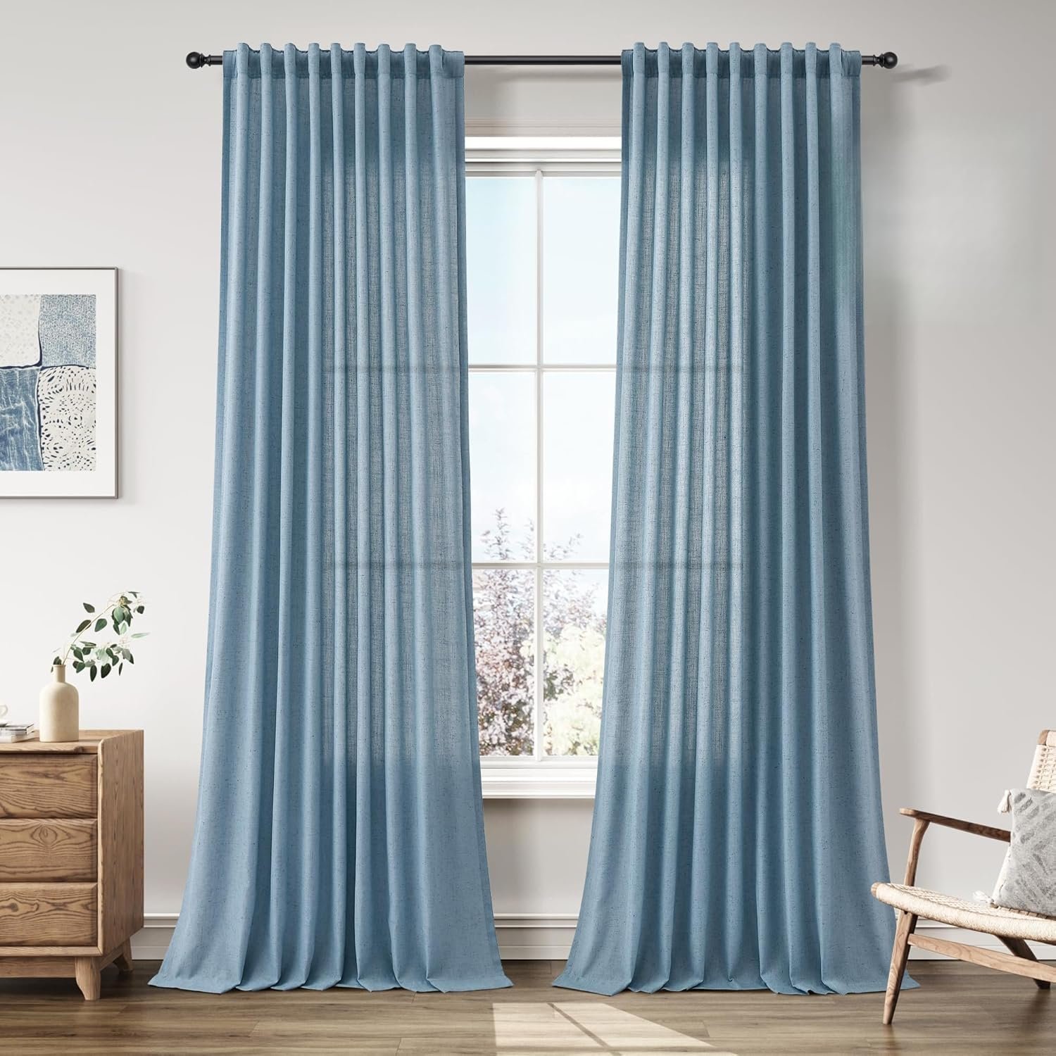 Nanspring Natural Blue Linen Curtains 96 Inches Long for Living Room 2 Panels Back Tab Hook Belt Elegant Modern Farmhouse Soft Linen Draperies Privacy Sheer Curtains for Dining Room Bedroom 52x96
