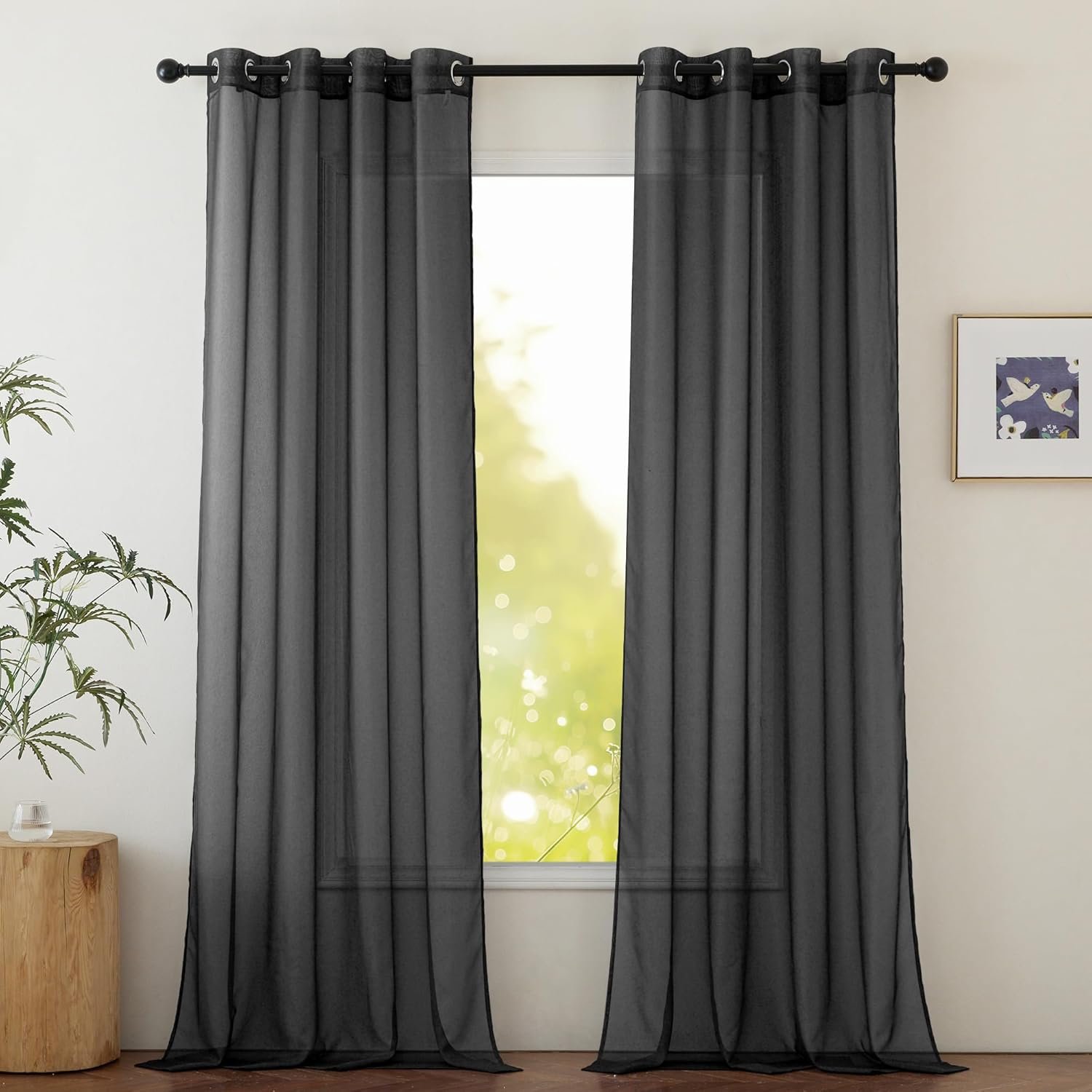 Sheer Window Curtain 84" - Ring Top Window Treatments Home Decorations Voile Panels Drapes with for Living Room/Patio Door (54 Inches Wide, Black, 2 Panels)