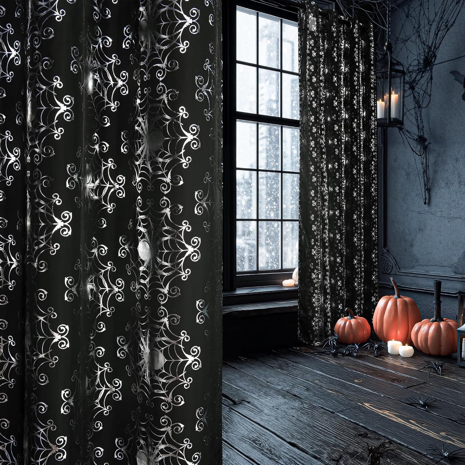Black Sheer Halloween Curtains with Silver Spider Foil Print, Grommet Flowing Voile Sheer Window Treatment for Gothic Bedroom, W54 x L84, 2 Panels