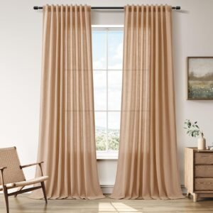 Nanspring Natural Camel Linen Curtains 96 Inches Long for Living Room 2 Panels Back Tab Hook Belt Modern Farmhouse Soft Linen Textured Drapers Privacy Sheer Curtains for Bedroom Dining Room 52x96