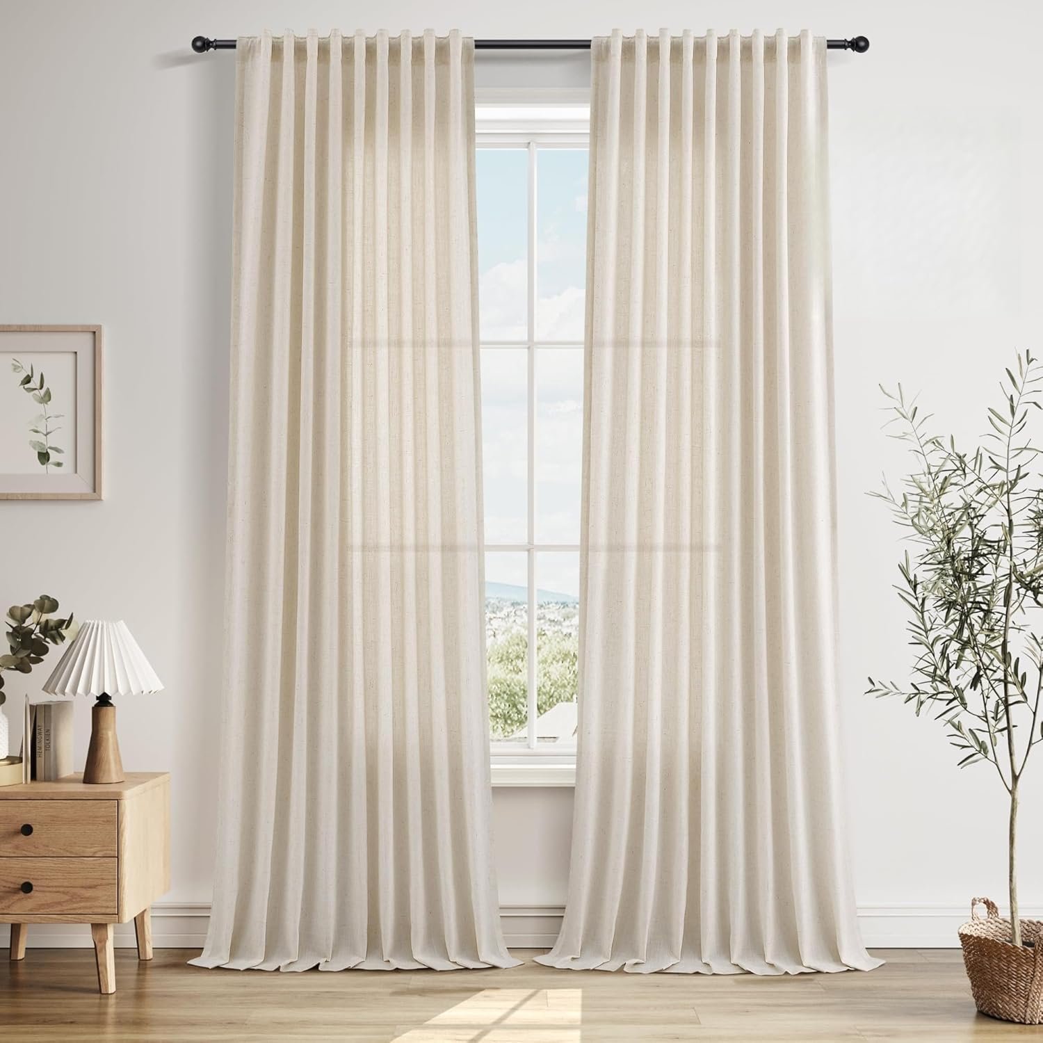 Nanspring Natural Cream Beige Linen Curtains 96 Inches Long for Living Room 2 Panel Back Tab Hook Belt Elegant Farmhouse Soft Linen Draperies Privacy Sheer Curtains for Bedroom Dining Room 52Wx96L