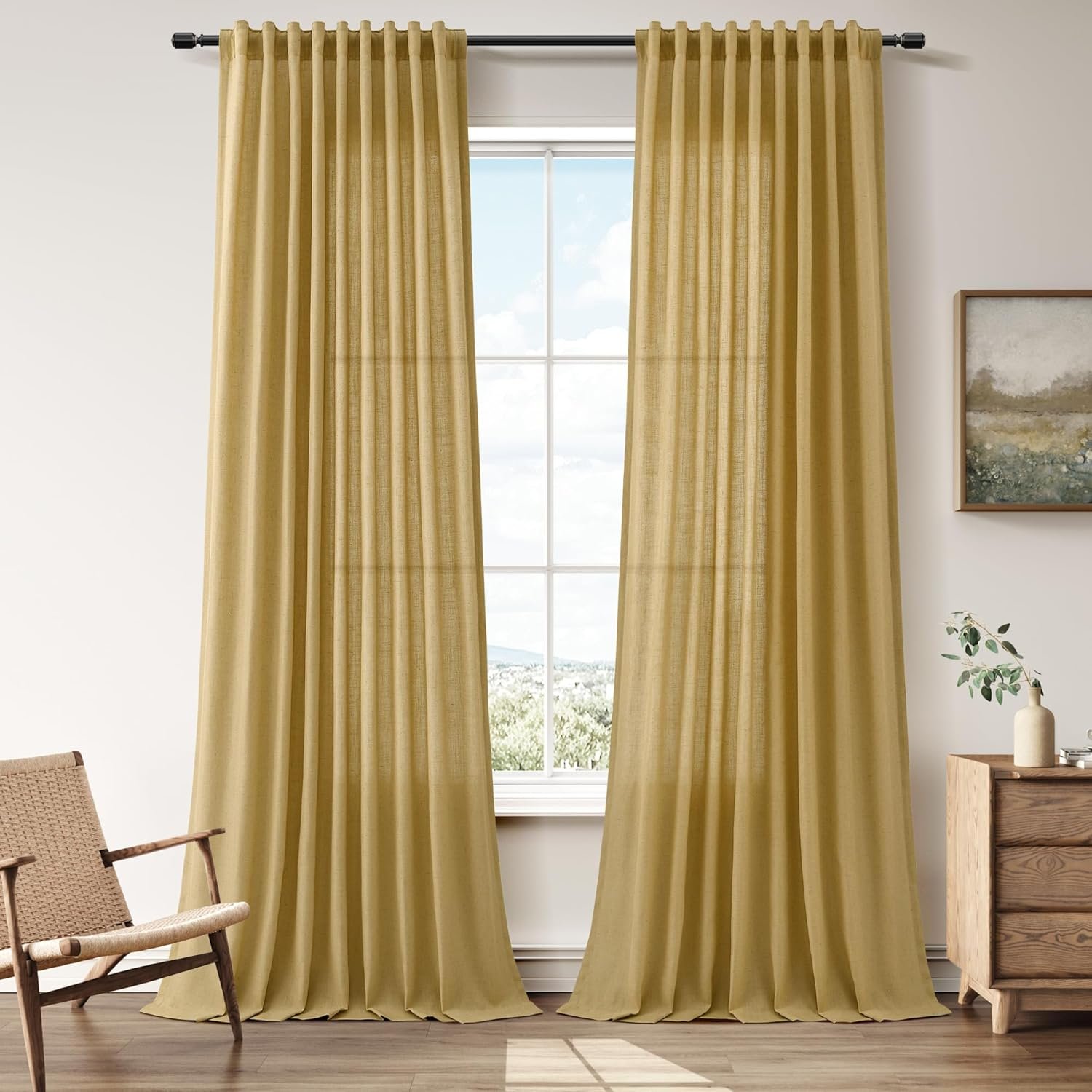 Nanspring Natural Gold Linen Curtains 96 Inches Long for Living Room 2 Panels Back Tab Hook Belt Modern Farmhouse Soft Linen Textured Draperies Privacy Sheer Curtains for Bedroom Dining Room 52x96