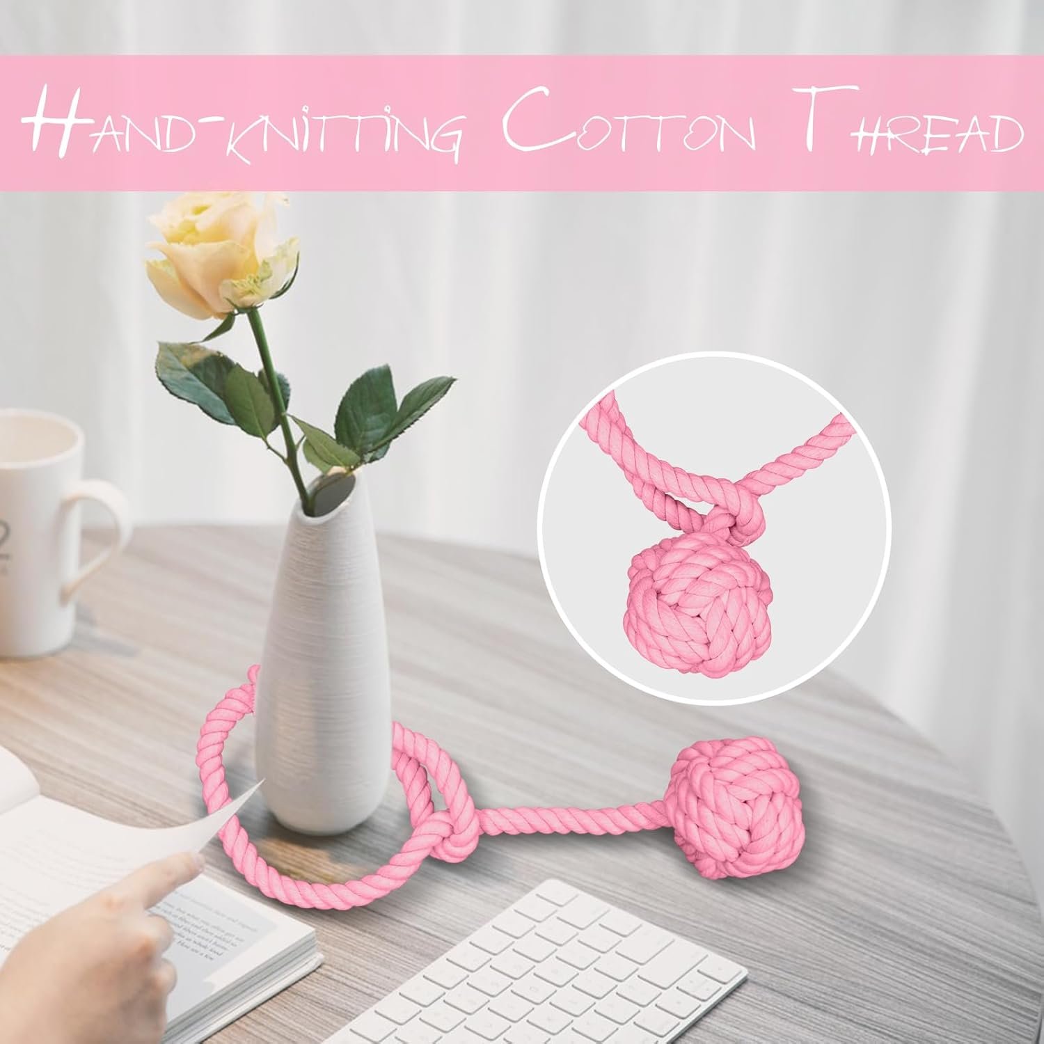 Curtain Tiebacks, 2 Packs Curtain Rope Tieback, Heavy Duty Curtain Tie Backs for Curtains, Indoor Outdoor Curtain Tiebacks, Handmade Rural Decorative Tie Knot Curtain Holdbacks (Pink) - Image 2