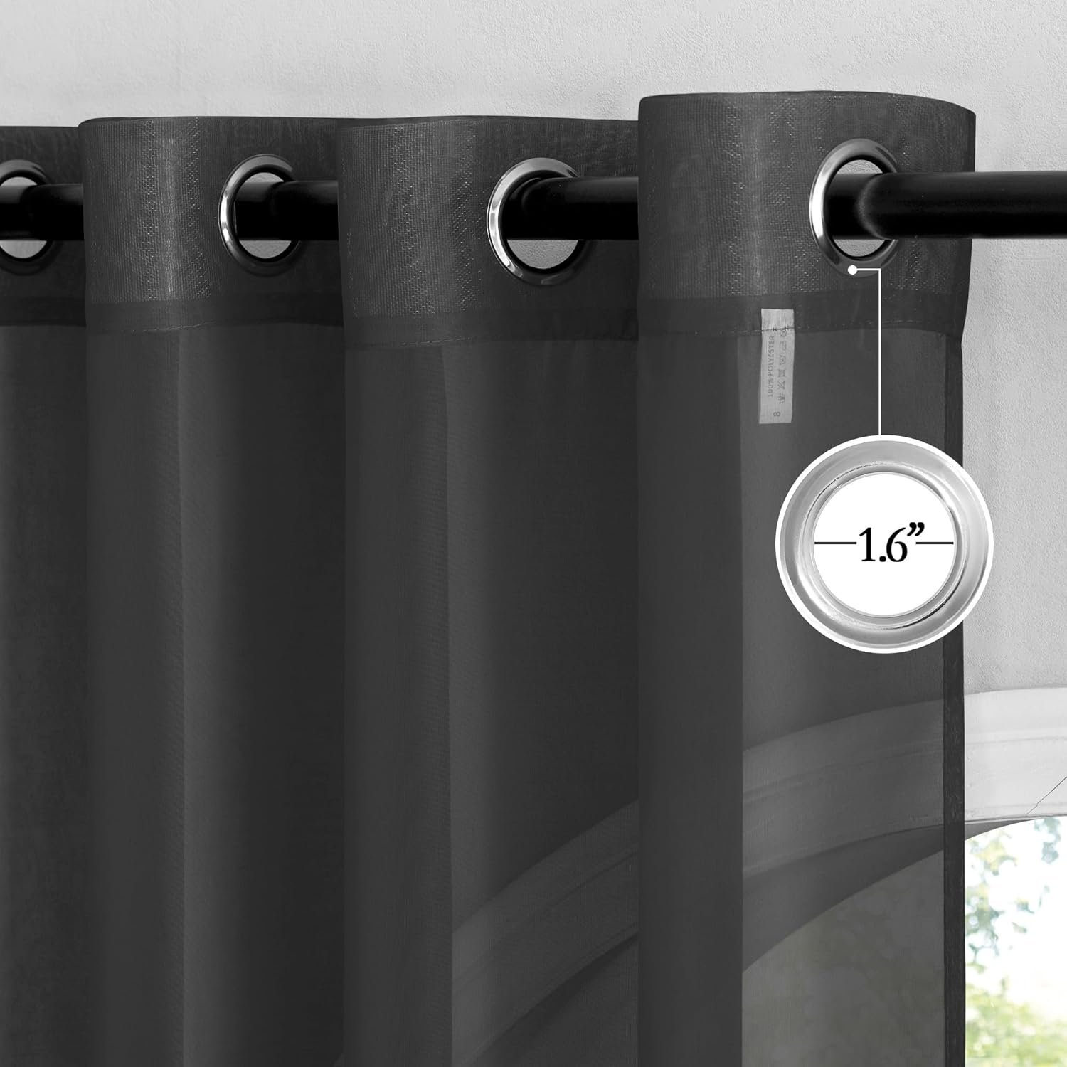 Sheer Window Curtain 84" - Ring Top Window Treatments Home Decorations Voile Panels Drapes with for Living Room/Patio Door (54 Inches Wide, Black, 2 Panels) - Image 2