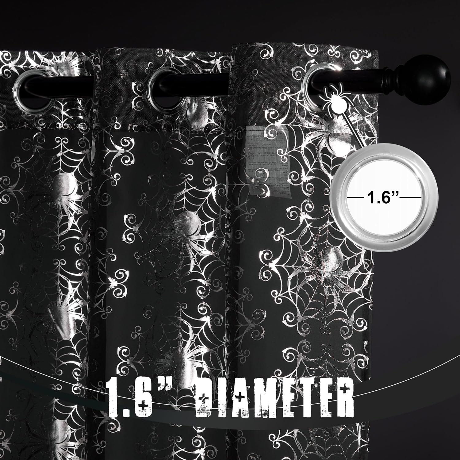 Black Sheer Halloween Curtains with Silver Spider Foil Print, Grommet Flowing Voile Sheer Window Treatment for Gothic Bedroom, W54 x L84, 2 Panels - Image 2