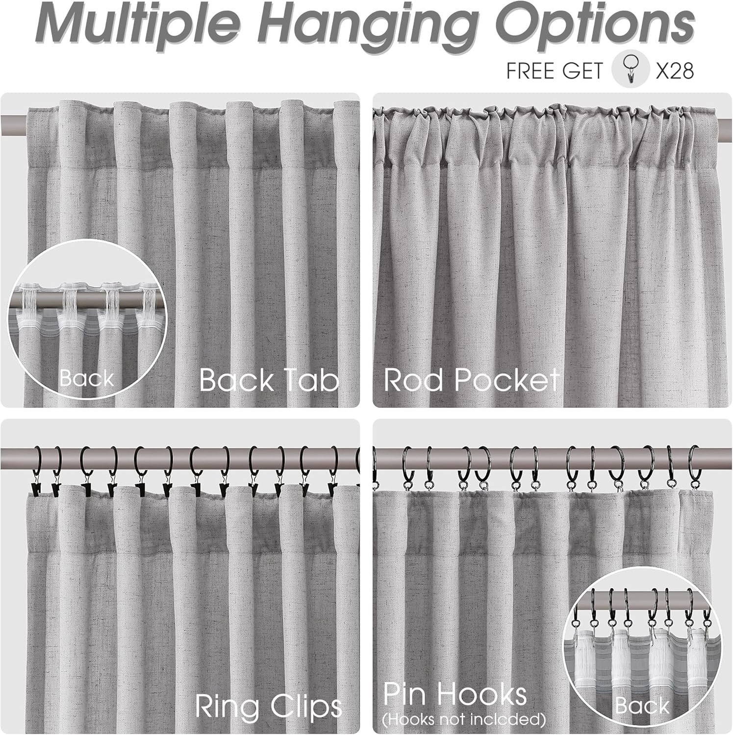 Nanspring Natural Gery Linen Curtains 96 Inches Long for Living Room 2 Panels Back Tab Hook Belt Elegant Modern Farmhouse Soft Linen Draperies Privacy Sheer Curtains for Bedroom Dining Room 52x96 - Image 3