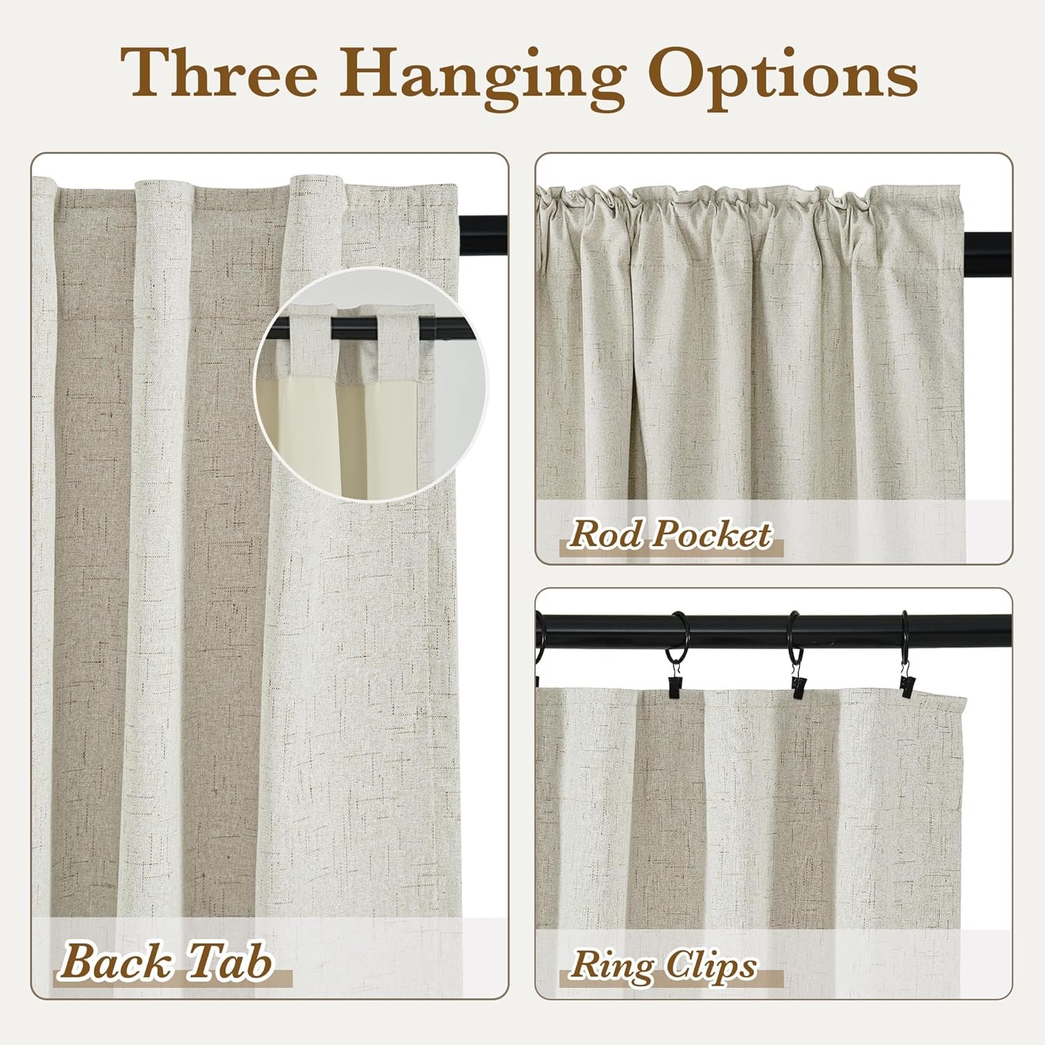 100% Blackout Linen Curtains for Bedroom, Thermal Insulated Farmhouse Window Drapes Light Blocking Privacy Home Decor Panels with Back Tab, Heather Natural, W52 x L84, 2 Panels - Image 3