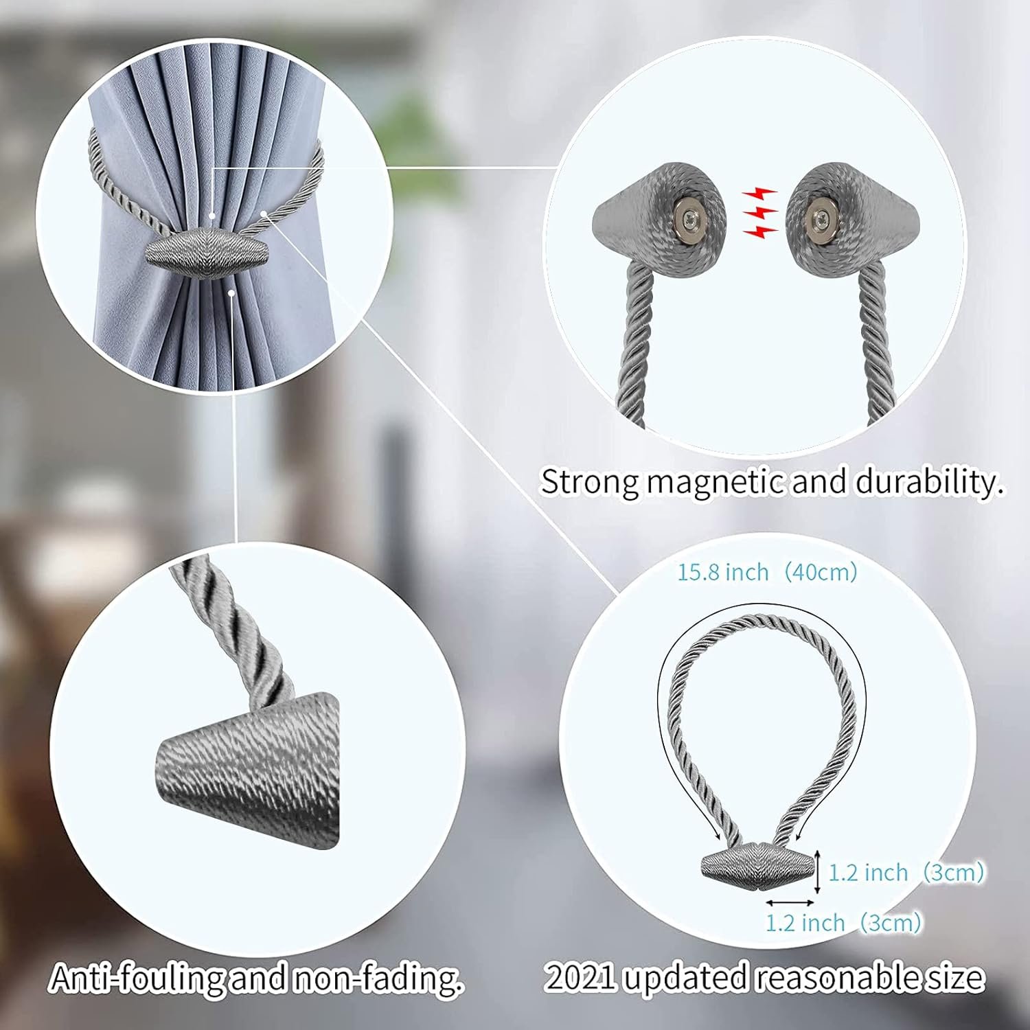 Magnetic Curtain Tiebacks Grey 2pcs, Curtain Tiebacks Buckles Holdbacks Holders Hooks Clip for Home Bedroom Office Decorative Curtain - Image 3