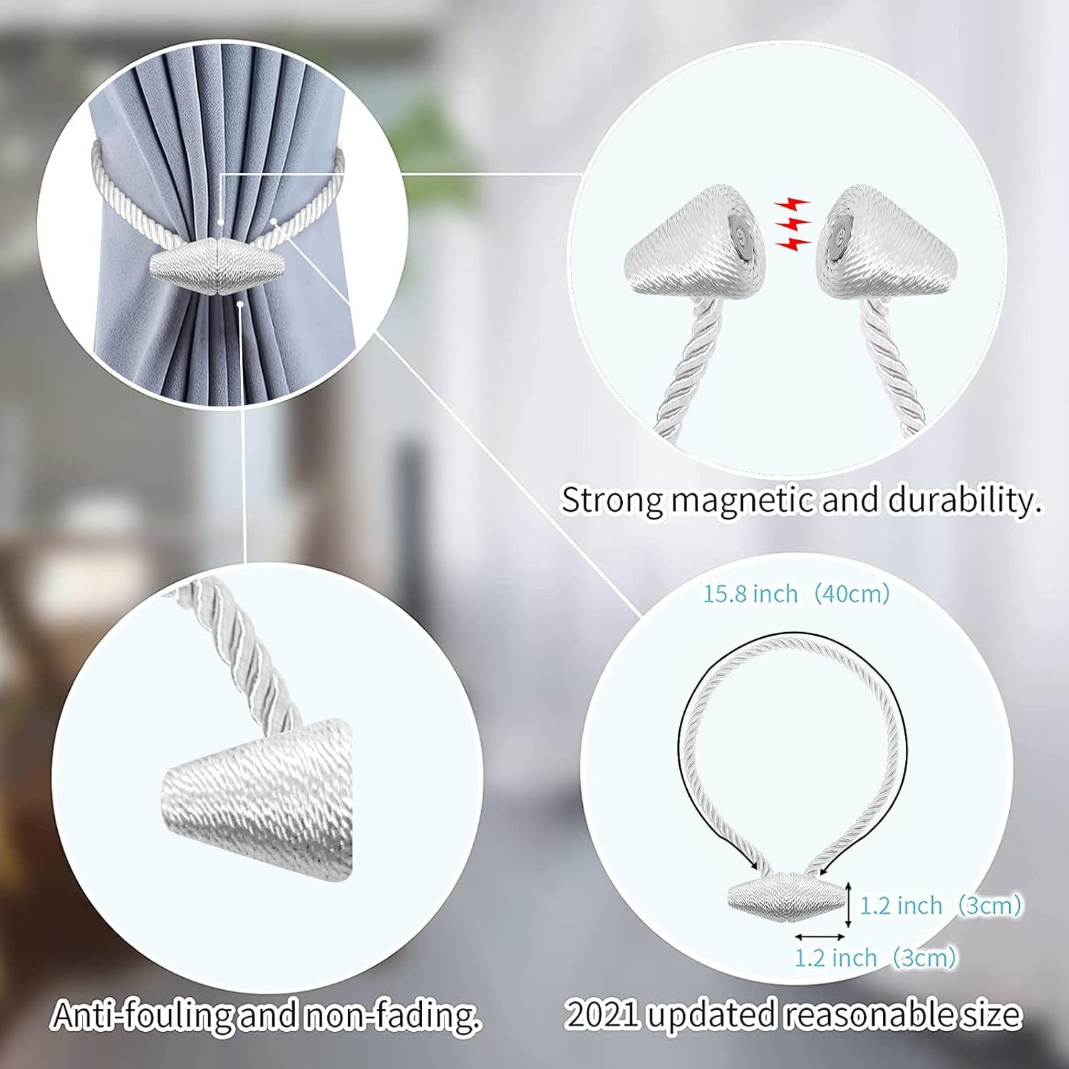 Magnetic Curtain Tiebacks White 2pcs, Curtain Tiebacks Buckles Holdbacks Holders Hooks Clip for Home Bedroom Office Decorative Curtain - Image 3