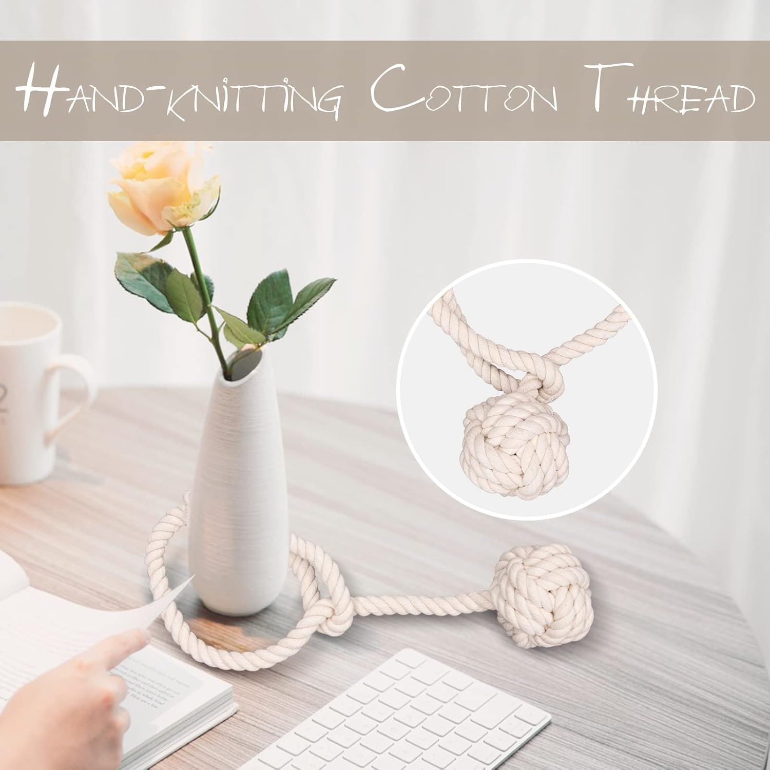 Curtain Tiebacks, 2 Packs Curtain Rope Tieback, Heavy Duty Curtain Tie Backs for Curtains, Indoor Outdoor Curtain Tiebacks, Handmade Rural Decorative Tie Knot Curtain Holdbacks (Beige) - Image 6