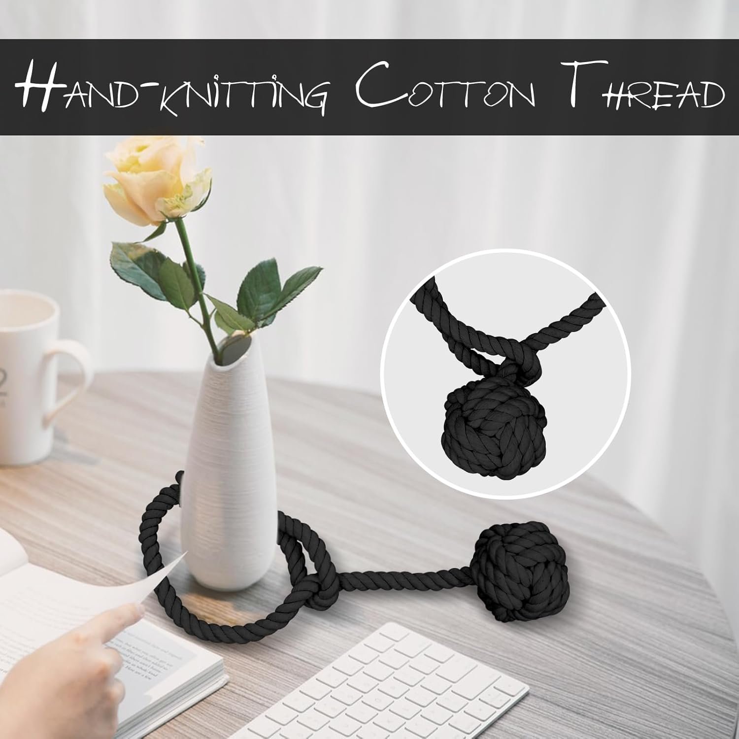 Curtain Tiebacks, 2 Packs Curtain Rope Tieback, Heavy Duty Curtain Tie Backs for Curtains, Indoor Outdoor Curtain Tiebacks, Handmade Rural Decorative Tie Knot Curtain Holdbacks (Black) - Image 3