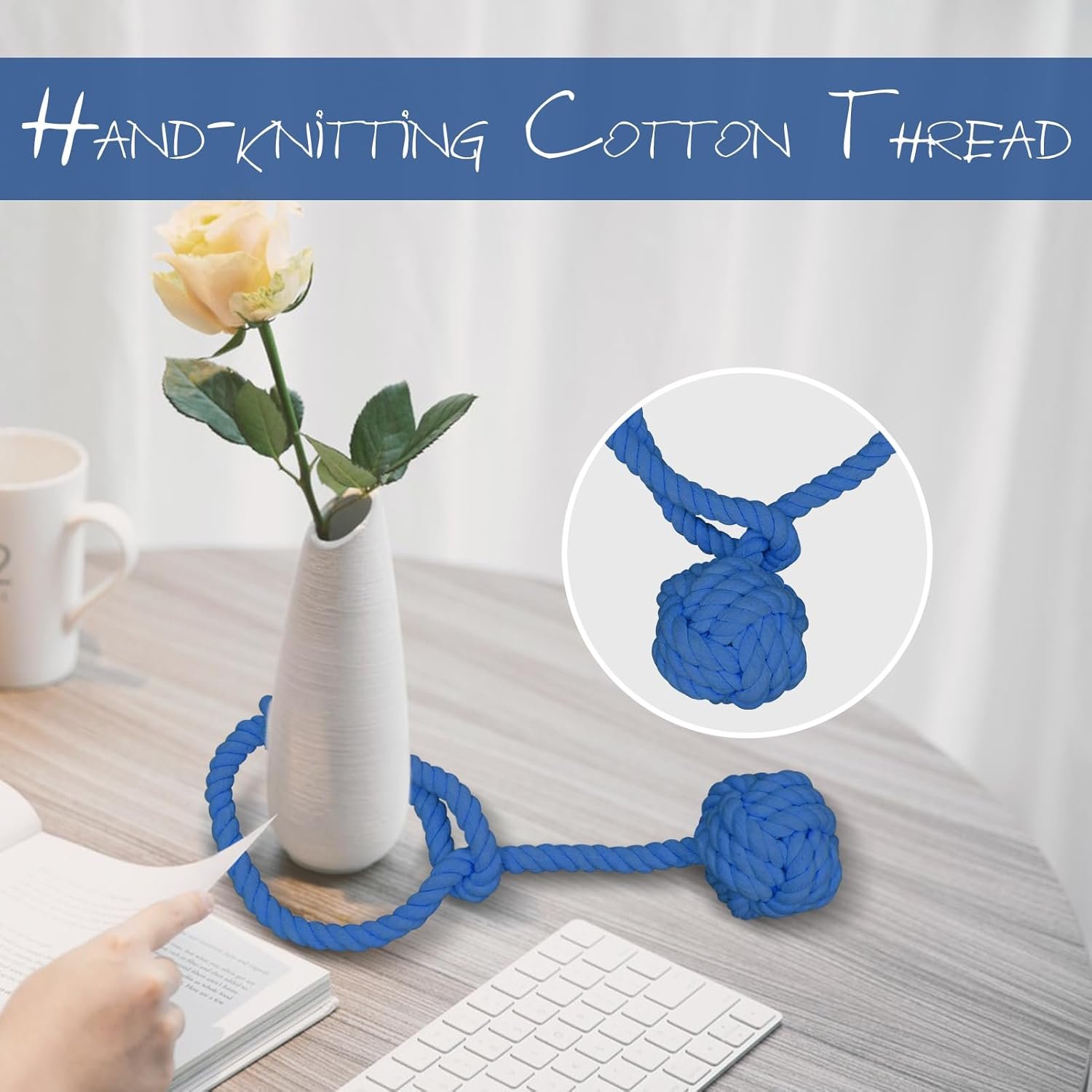 Curtain Tiebacks, 2 Packs Curtain Rope Tieback, Heavy Duty Curtain Tie Backs for Curtains, Indoor Outdoor Curtain Tiebacks, Handmade Rural Decorative Tie Knot Curtain Holdbacks (Blue) - Image 3