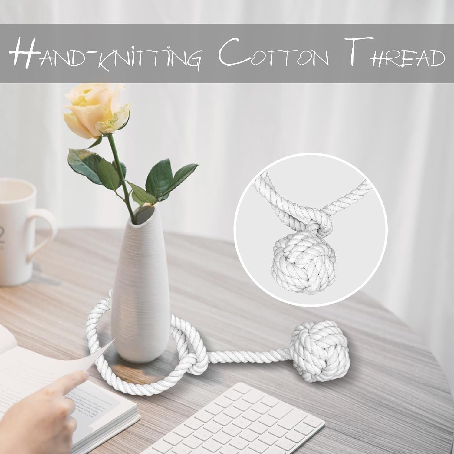 Curtain Tiebacks, 2 Packs Curtain Rope Tieback, Heavy Duty Curtain Tie Backs for Curtains, Indoor Outdoor Curtain Tiebacks, Handmade Rural Decorative Tie Knot Curtain Holdbacks (White) - Image 3