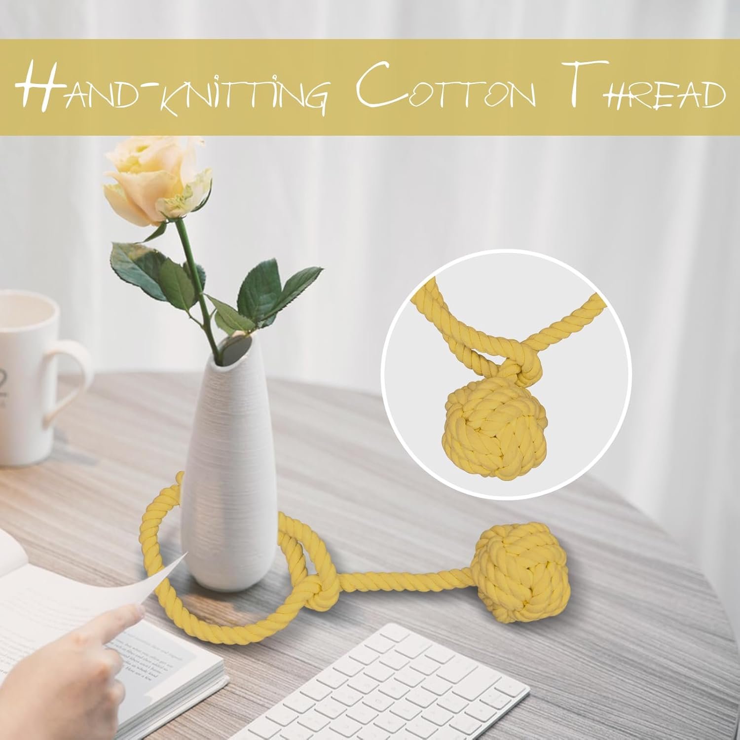 Curtain Tiebacks, 2 Packs Curtain Rope Tieback, Heavy Duty Curtain Tie Backs for Curtains, Indoor Outdoor Curtain Tiebacks, Handmade Rural Decorative Tie Knot Curtain Holdbacks (Yellow) - Image 3