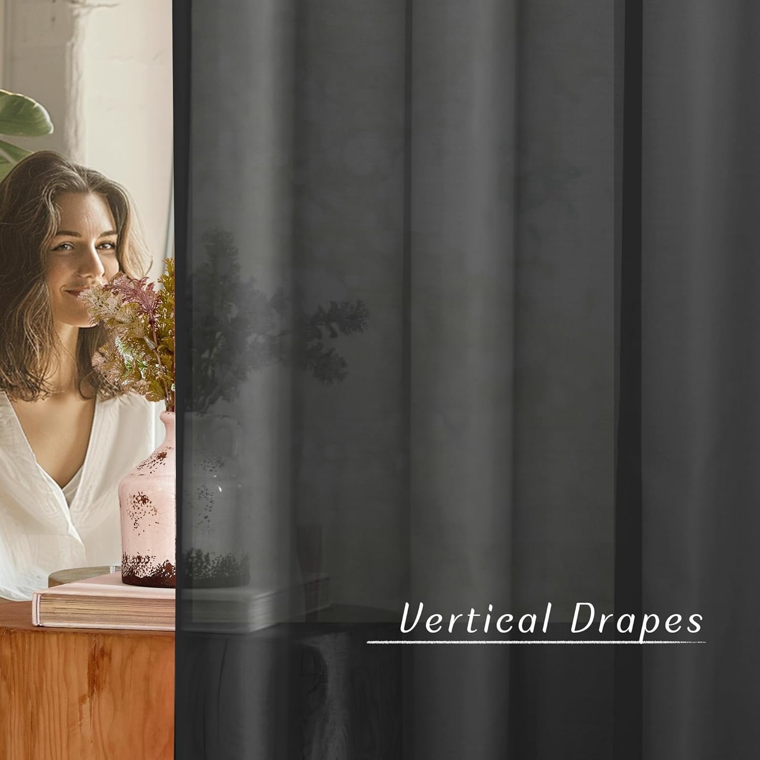 Sheer Window Curtain 84" - Ring Top Window Treatments Home Decorations Voile Panels Drapes with for Living Room/Patio Door (54 Inches Wide, Black, 2 Panels) - Image 3