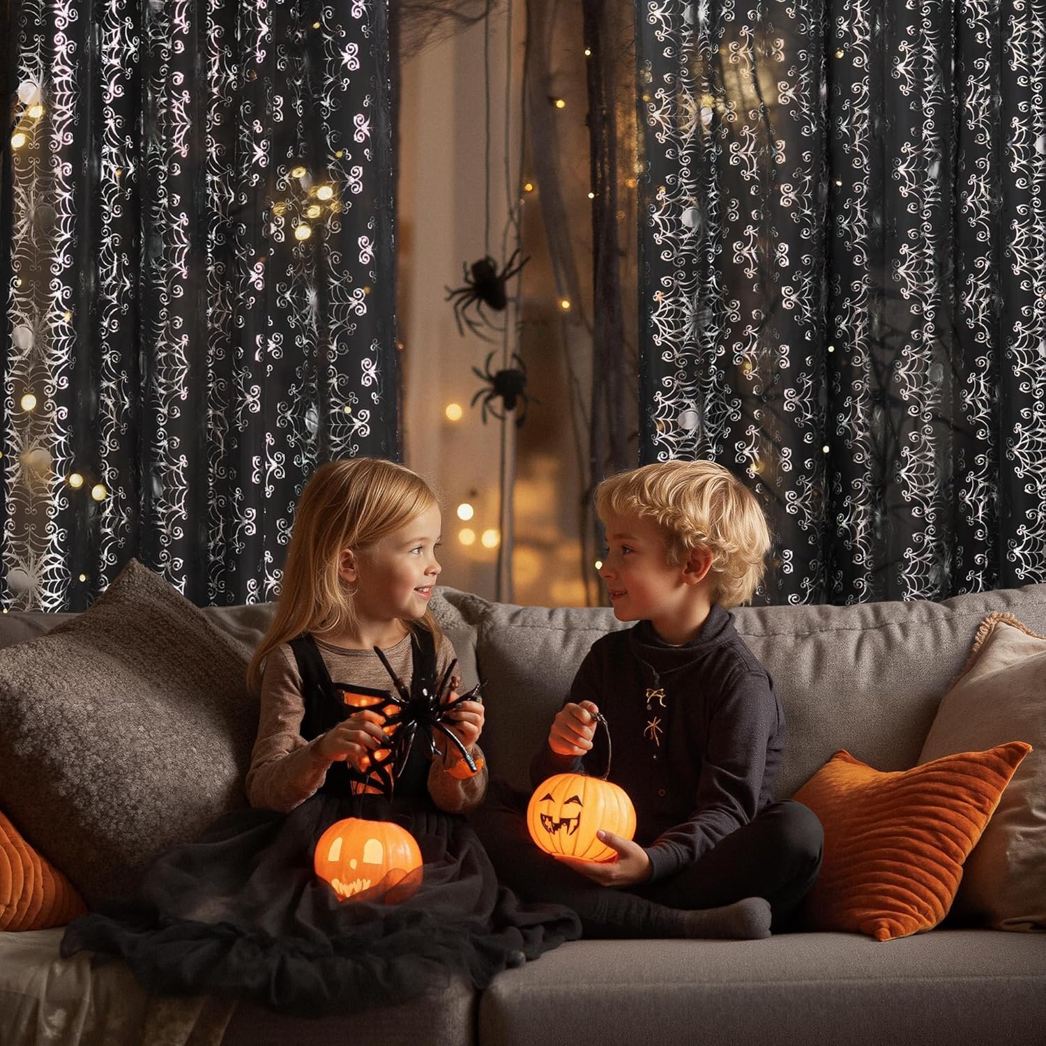 Black Sheer Halloween Curtains with Silver Spider Foil Print, Grommet Flowing Voile Sheer Window Treatment for Gothic Bedroom, W54 x L84, 2 Panels - Image 3