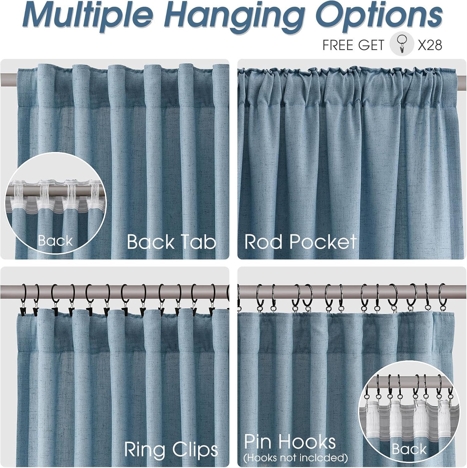 Nanspring Natural Blue Linen Curtains 96 Inches Long for Living Room 2 Panels Back Tab Hook Belt Elegant Modern Farmhouse Soft Linen Draperies Privacy Sheer Curtains for Dining Room Bedroom 52x96 - Image 3