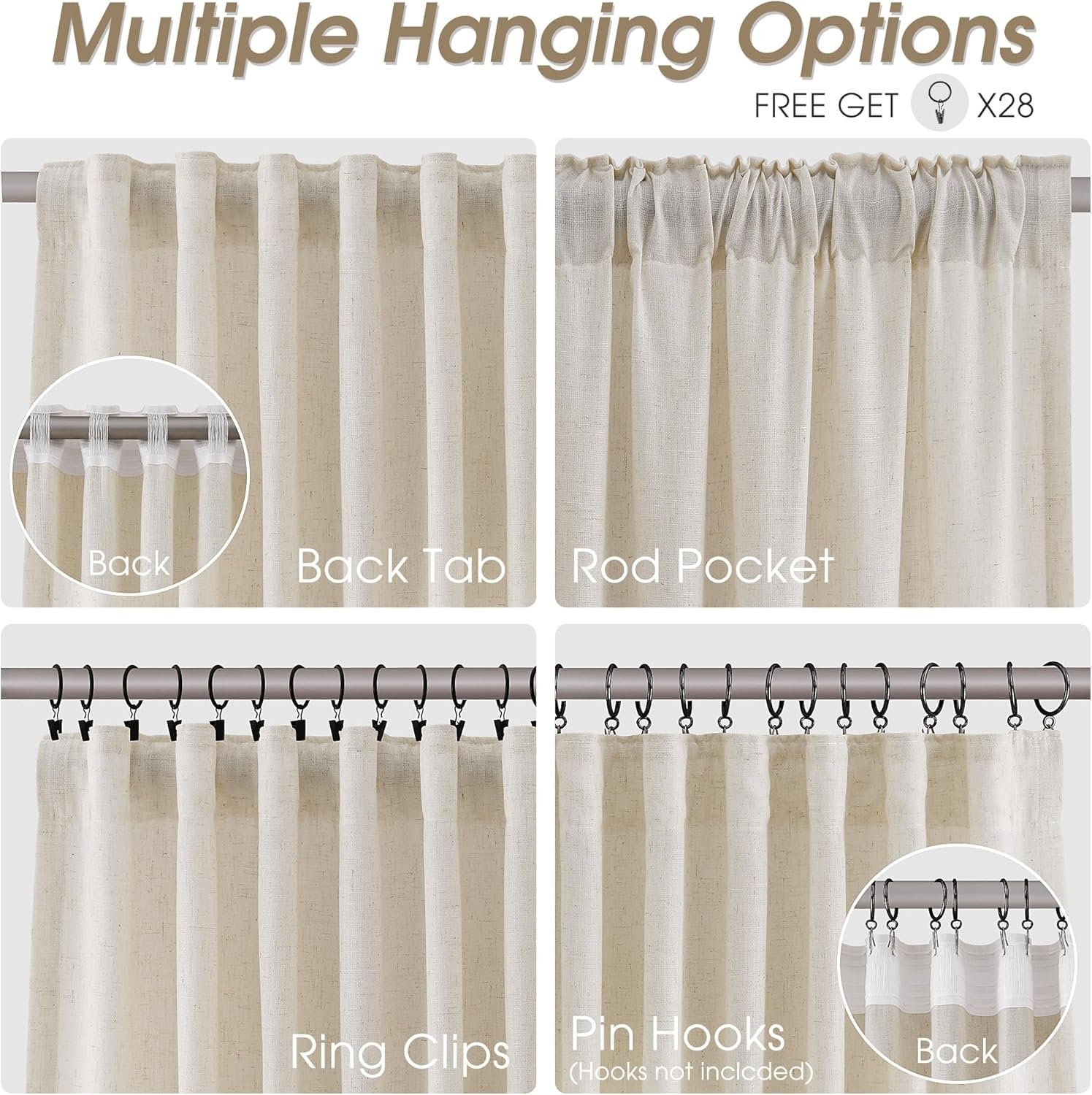 Nanspring Natural Cream Beige Linen Curtains 96 Inches Long for Living Room 2 Panel Back Tab Hook Belt Elegant Farmhouse Soft Linen Draperies Privacy Sheer Curtains for Bedroom Dining Room 52Wx96L - Image 3