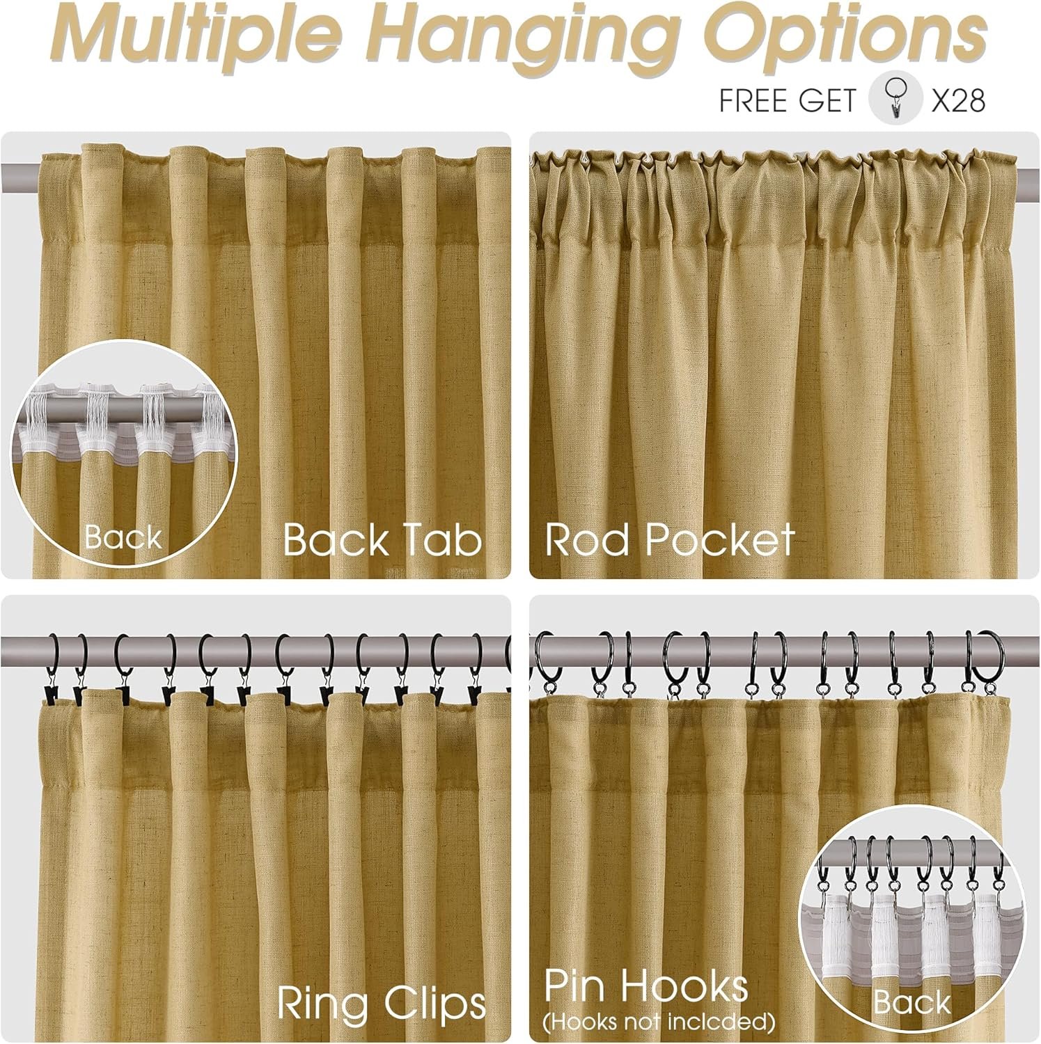 Nanspring Natural Gold Linen Curtains 96 Inches Long for Living Room 2 Panels Back Tab Hook Belt Modern Farmhouse Soft Linen Textured Draperies Privacy Sheer Curtains for Bedroom Dining Room 52x96 - Image 3