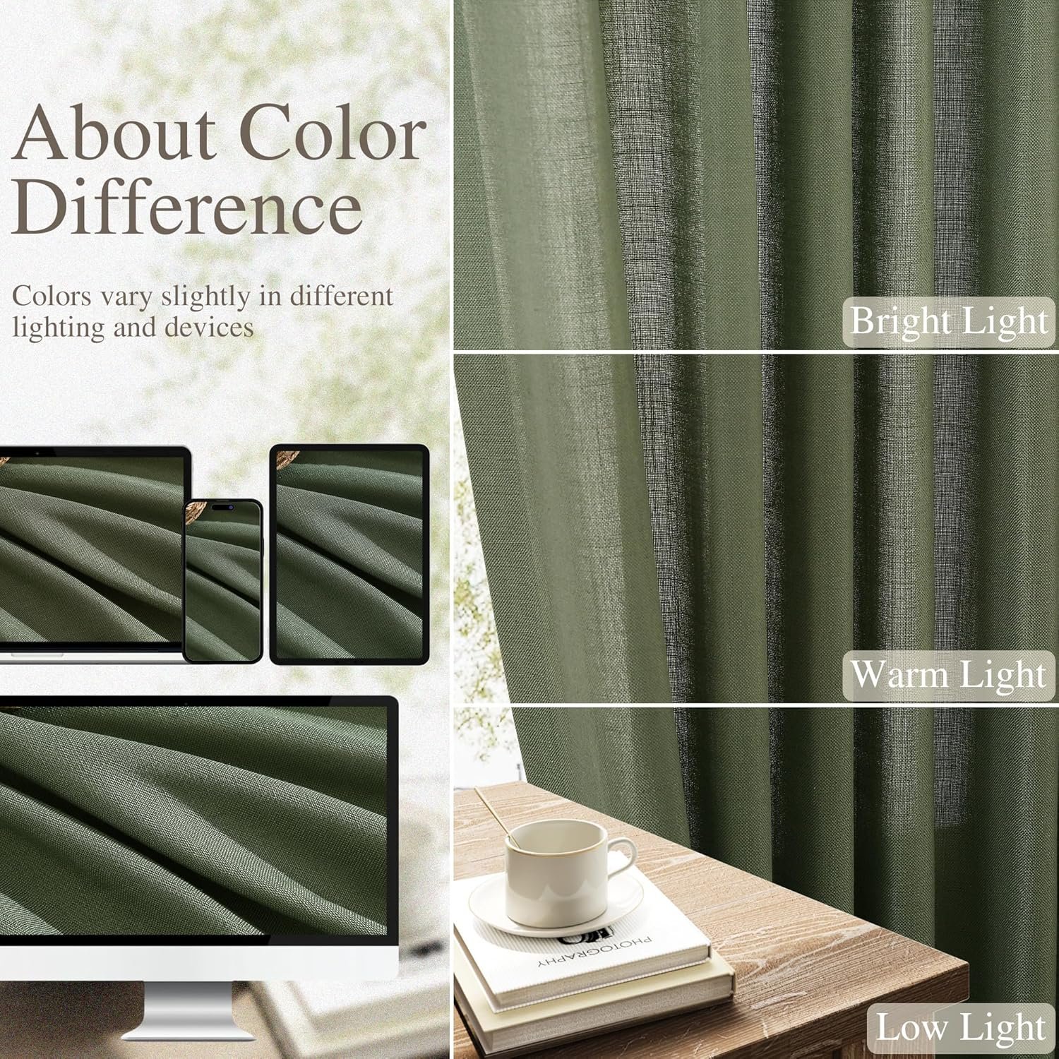 Nanspring Olive Green Linen Curtains 96 Inches Long for Living Room 2 Panels Back Tab Hook Belt Elegant Modern Farmhouse Soft Linen Draperies Privacy Sheer Curtains for Bedroom Dining Room 52x96 - Image 4