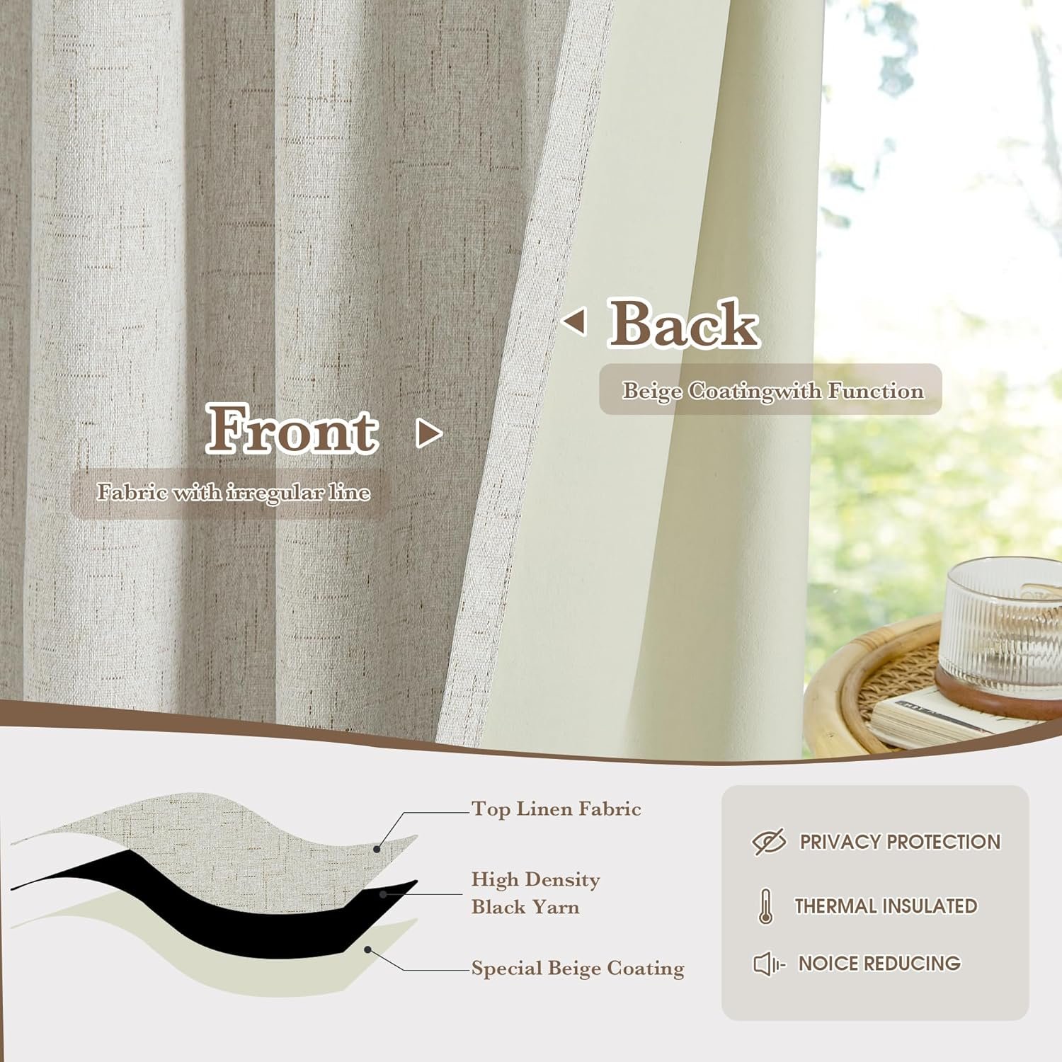 100% Blackout Linen Curtains for Bedroom, Thermal Insulated Farmhouse Window Drapes Light Blocking Privacy Home Decor Panels with Back Tab, Heather Natural, W52 x L84, 2 Panels - Image 4