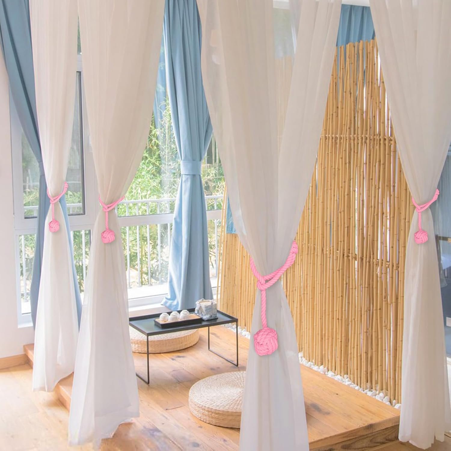 Curtain Tiebacks, 2 Packs Curtain Rope Tieback, Heavy Duty Curtain Tie Backs for Curtains, Indoor Outdoor Curtain Tiebacks, Handmade Rural Decorative Tie Knot Curtain Holdbacks (Pink) - Image 4