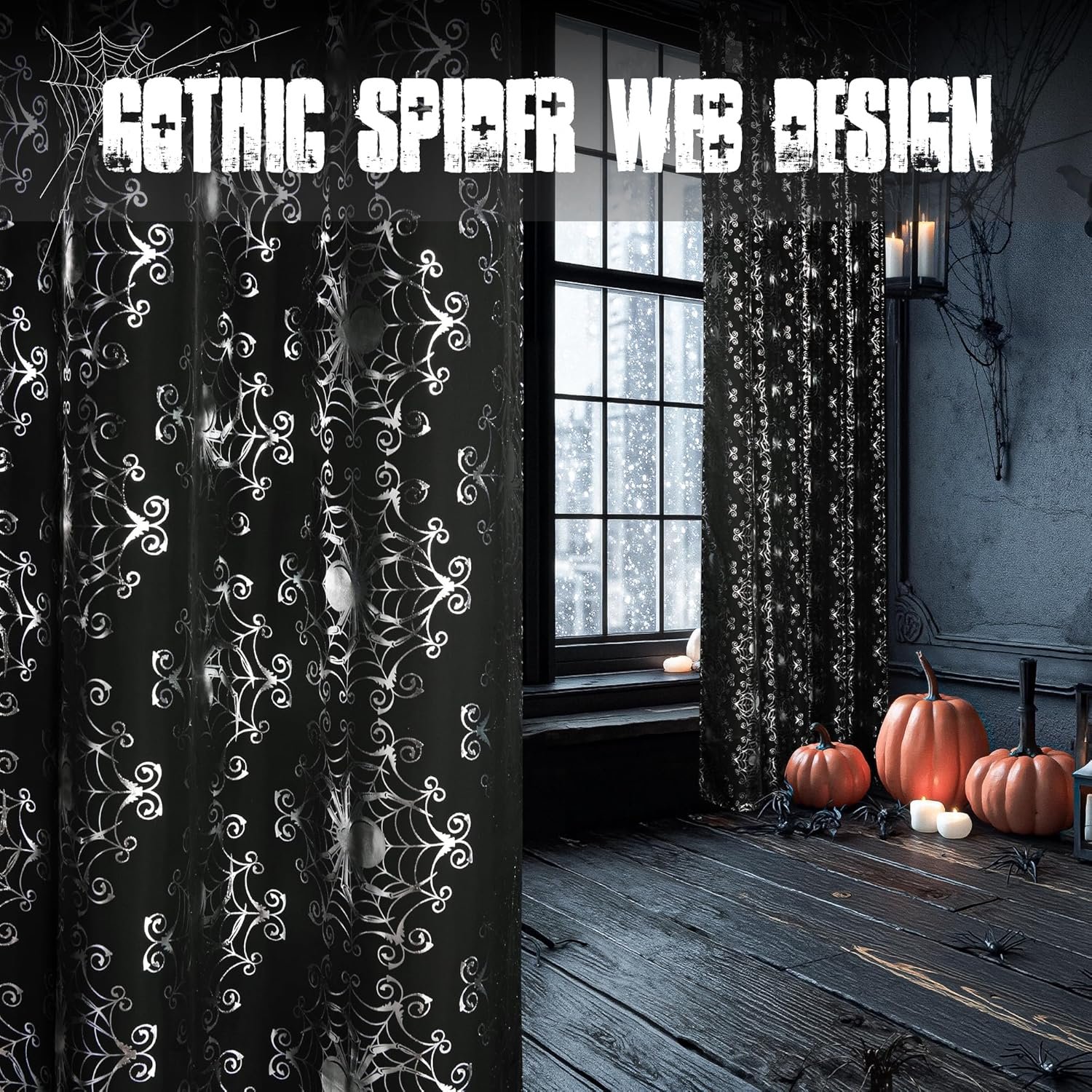 Black Sheer Halloween Curtains with Silver Spider Foil Print, Grommet Flowing Voile Sheer Window Treatment for Gothic Bedroom, W54 x L84, 2 Panels - Image 4