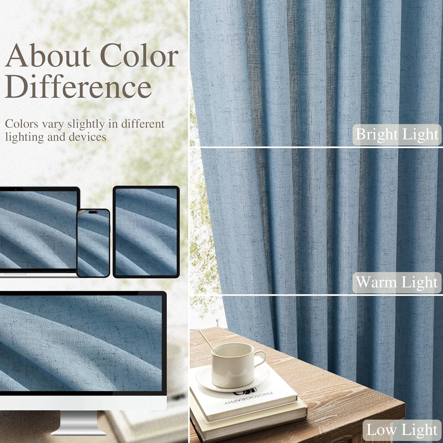 Nanspring Natural Blue Linen Curtains 96 Inches Long for Living Room 2 Panels Back Tab Hook Belt Elegant Modern Farmhouse Soft Linen Draperies Privacy Sheer Curtains for Dining Room Bedroom 52x96 - Image 4