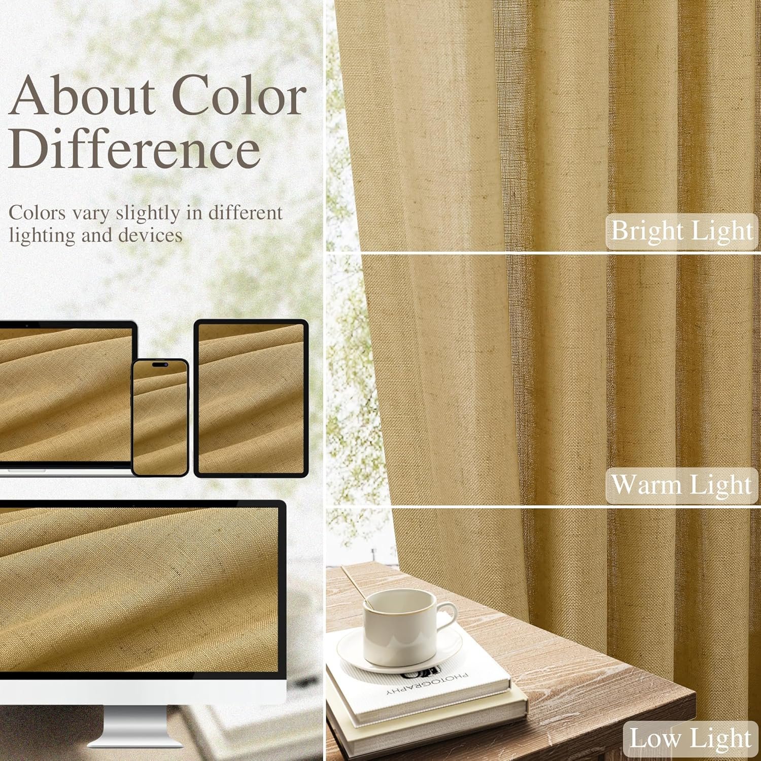 Nanspring Natural Gold Linen Curtains 96 Inches Long for Living Room 2 Panels Back Tab Hook Belt Modern Farmhouse Soft Linen Textured Draperies Privacy Sheer Curtains for Bedroom Dining Room 52x96 - Image 4